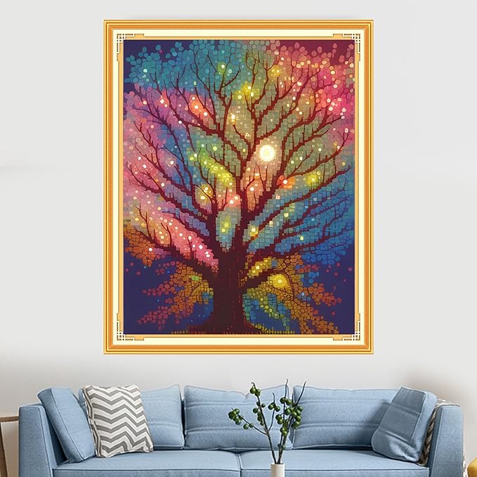 Findvoor Stamped Cross Stitch Kits for Beginners Full Range of Cross Stitching Embroidery Pattern for Adults, 11CT DIY Needlepoint Embroidery Starter Kits-Moonlight Tree 15.7x19.7 inch