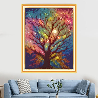 Findvoor Stamped Cross Stitch Kits for Beginners Full Range of Cross Stitching Embroidery Pattern for Adults, 11CT DIY Needlepoint Embroidery Starter Kits-Moonlight Tree 15.7x19.7 inch