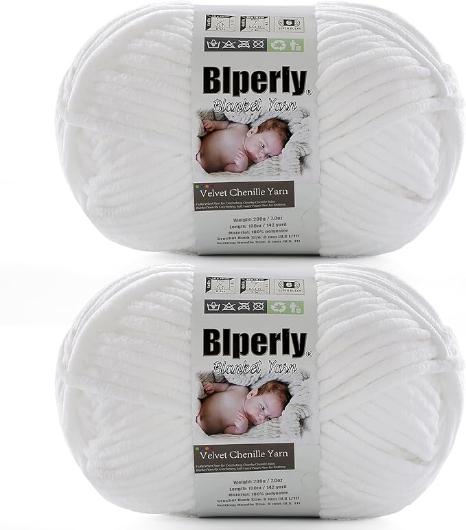 6 Super Bulky Velvet Chenille Yarn for Crocheting - 2 Skein of 200g/7 oz - Ultra Soft Heavy Weight Chunky Knitting Yarn for Baby Blankets, Amigurumi, Home Decor（Pure White，2 Skein）