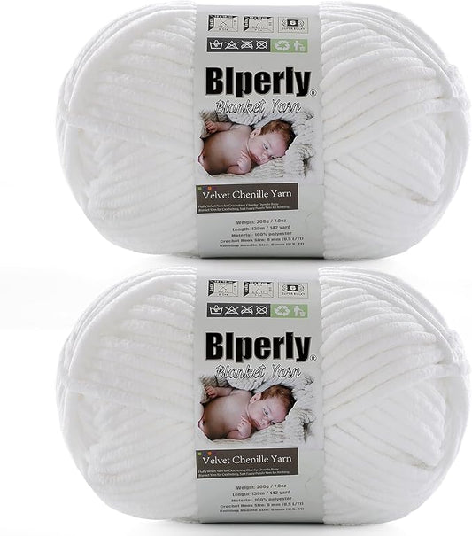 6 Super Bulky Velvet Chenille Yarn for Crocheting - 2 Skein of 200g/7 oz - Ultra Soft Heavy Weight Chunky Knitting Yarn for Baby Blankets, Amigurumi, Home Decor（Pure White，2 Skein）