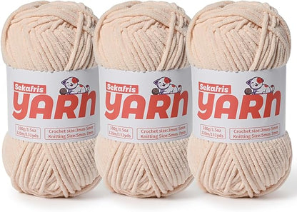 3 Pack Plush Chunky Chenille Yarn for Crocheting, Soft Fluffy Velvet Yarn for Crocheting, Fuzzy Baby Blanket Knitting Yarn, 300g/393yds Bulky Amigurumi Yarns（3 Beige）