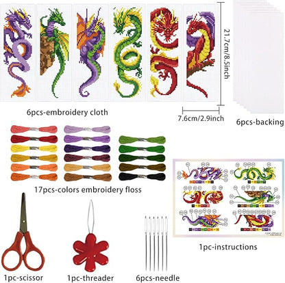 ORIGACH 6 Set Dragon and Loong Cross Stitch Bookmark Kit for Beginner with Backing Felt Floss Instructions DIY Stamped Embroidery Bookmark Kit for Adults, Book Lovers