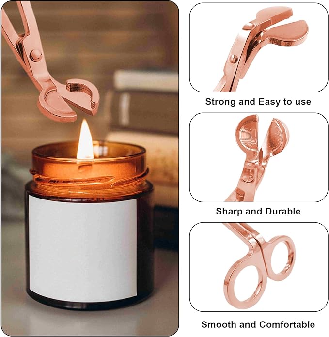 Set of 3, Candle Wick Trimmer, Candle Snuffer and Wick Dipper & Candle Accessory Set, Candle Care Kit for Candle Lover (Rose Gold)