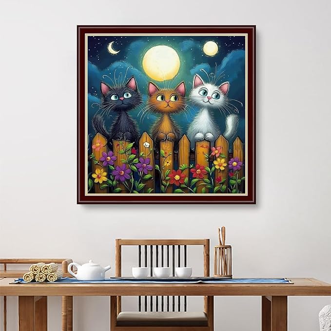 Dimensean Stamped Cross Stitch Kits Full Range of Embroidery Patterns Starter Kits for Beginners Adult DIY Cross Stitches Needlepoint Kits 11CT-Cat Admiring The Moon 18x18 inch