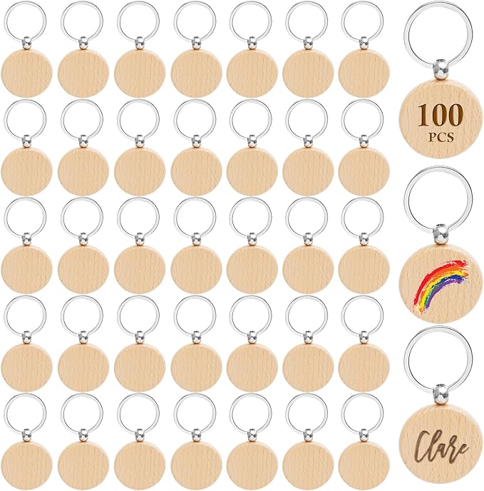 100Pcs Blank Wooden Keychain Set, 1.5 inch Round Engraving Blanks Key Chain Unfinished Key Rings Tag for DIY Crafts Gift Accessories, Pet Tags