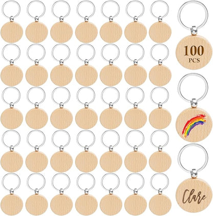 100Pcs Blank Wooden Keychain Set, 1.5 inch Round Engraving Blanks Key Chain Unfinished Key Rings Tag for DIY Crafts Gift Accessories, Pet Tags