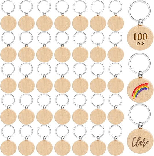 100Pcs Blank Wooden Keychain Set, 1.5 inch Round Engraving Blanks Key Chain Unfinished Key Rings Tag for DIY Crafts Gift Accessories, Pet Tags