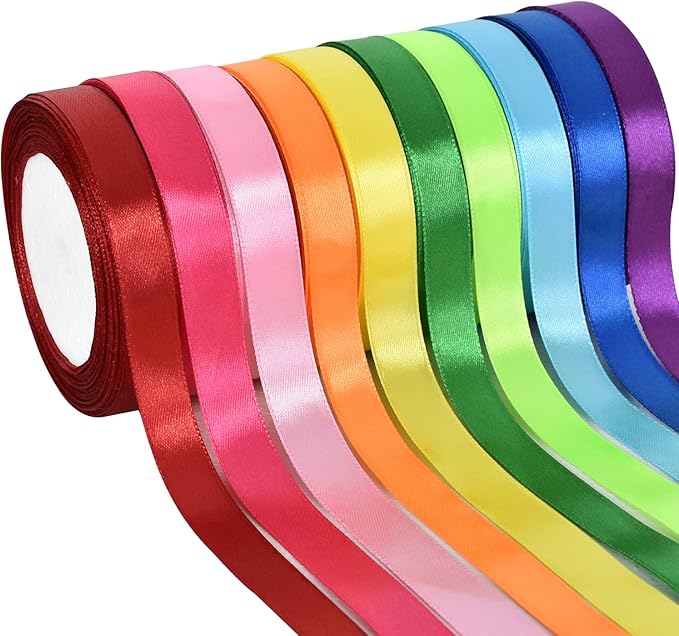 TONIFUL 10 Colors Rainbow Satin Ribbon 3/5 inch x 250 Yards Thin Fabric Solid Ribbon Set for Crafts Bows Gift Wrapping Wedding Party Decoration DIY Handmade Projects