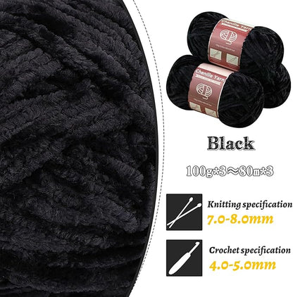 LUNARM Chenille Yarn for Crocheting Knitting, 3 Skein 263 Yard Thick Soft Chunky Fluffy Weaving Plush Yarn for Blankets Clothes Pattern Creations with Big Eye Needles (Black)