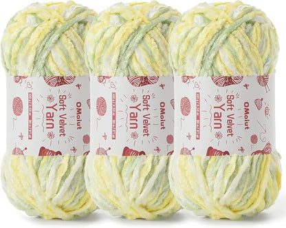 3x100g Fluffy Velvet Chenille Yarn for Crocheting and Knitting, 3x87.4yd Baby Yarn for Crocheting Soft, Crochet Chunky Yarns Amigurumi Yarns (3 Greenish Yellow)