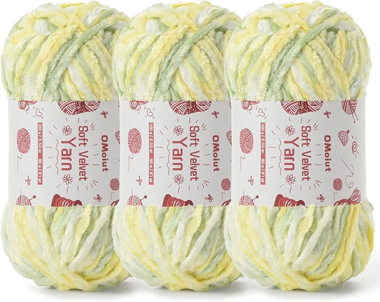 3x100g Fluffy Velvet Chenille Yarn for Crocheting and Knitting, 3x87.4yd Baby Yarn for Crocheting Soft, Crochet Chunky Yarns Amigurumi Yarns (3 Greenish Yellow)