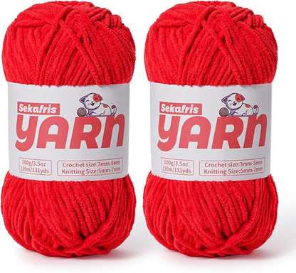 2 Pack Plush Chunky Chenille Yarn for Crocheting, Soft Fluffy Velvet Yarn for Crocheting Amigurumi, Fuzzy Baby Blanket Knitting 200g/262yds Bulky(2 Red)