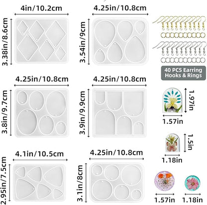 Roxjaejae 46 PCS Resin Earring Molds Silicone Kit, Resin Jewelry Making Kit with Built-in Holes for Earrings, Necklace, Pendants, Keychains