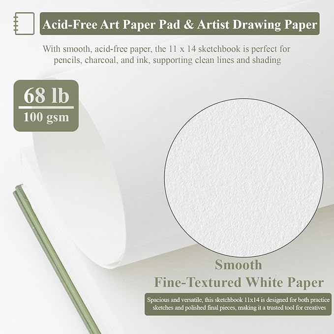 SuFly 11x14 Sketchbook, 100 Sheets Hardcover Sketch Book, 68lb/100gsm Artist Paper, Drawing Books for Teens & Art Gifts.