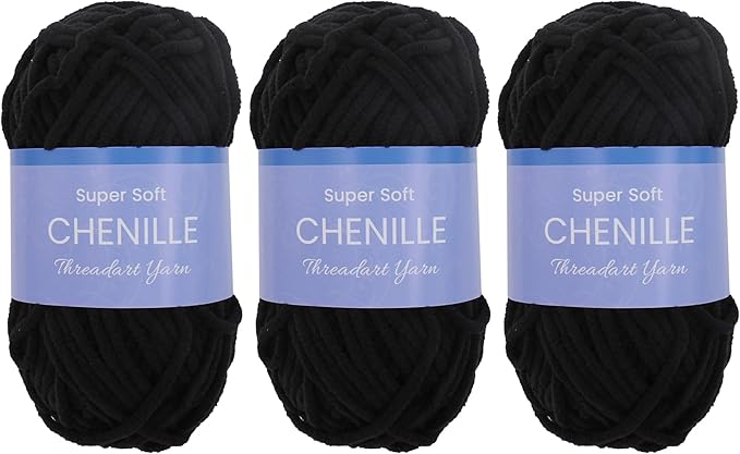 3 Pack ThreadArt Chenille Yarn for Crocheting, Knitting, Amigurumi, Super Soft Plush Velvet Yarn - 50 Gram 60 yds #5 Fluffy Yarn Skeins - Black 16