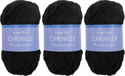 3 Pack ThreadArt Chenille Yarn for Crocheting, Knitting, Amigurumi, Super Soft Plush Velvet Yarn - 50 Gram 60 yds #5 Fluffy Yarn Skeins - Black 16
