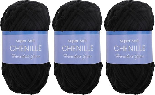 3 Pack ThreadArt Chenille Yarn for Crocheting, Knitting, Amigurumi, Super Soft Plush Velvet Yarn - 50 Gram 60 yds #5 Fluffy Yarn Skeins - Black 16
