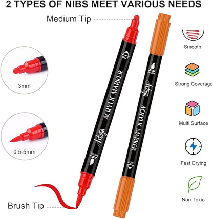 Artugn 36 Colors Acrylic Paint Pens, Dual Tip Pens With Medium Brush Tip, Paint Markers for Rock Painting, Ceramic, Wood, Plastic, Calligraphy, Scrapbooking, Brush Lettering, Card Making, DIY Crafts