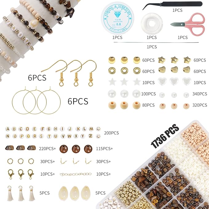 TOIPINIO Bracelet Making Kit Jewelry Making Supplies Kit Natural Stone Beads for Irregular Natural Stone with for DIY Craft -1736 PCS Friendship Bracelet/Necklace/Earrings for Adults (Tiger's Eye)