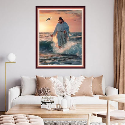 Fanxvivy Stamped Cross Stitch Kits for Beginners Full Range of Cross Stitching Preprinted Embroidery Kits for Adults, 11CT Embroidery Pattern Needlepoint Kits-Jesus by The Sea 16x20 inch