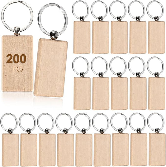 JUXYES 200 PCS Unfinished Wooden Keychain Blanks for Engraving, Wood Engraving Blanks Key Chain, DIY Rectangle Wood Keychain Tags Unfinished Wooden Key Ring Key Tag