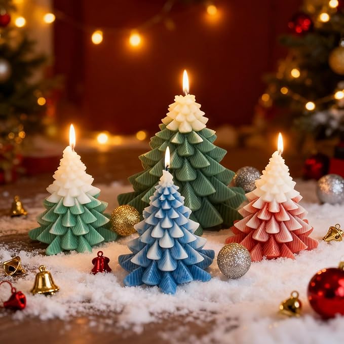 2Pcs Christmas Tree Candle Molds, 3D Silicone Mold for Candle Epoxy Resin Soap Cake Chocolate Making with 20 Wicks & Lables for DIY Xmas Gift Art Craft Home Decoration