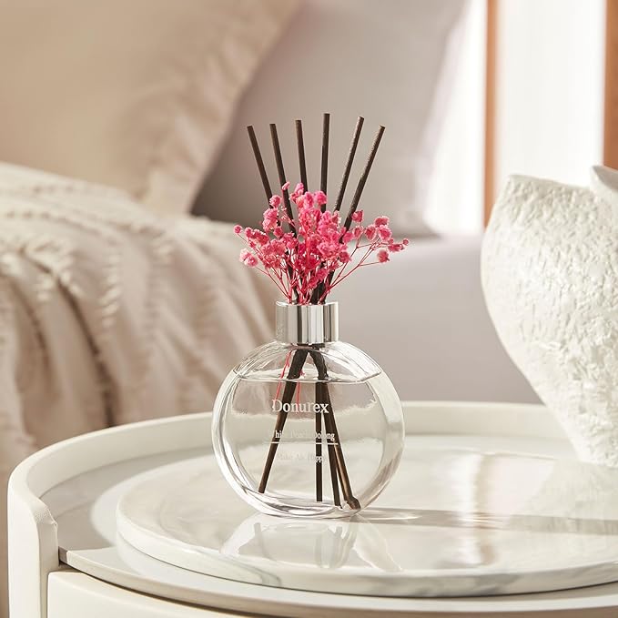 Donurex Flower Reed Diffuser Set 5.07oz White Peach & Oolong Scent Diffuser with Sticks Home Fragrance Reed Diffuser for Bathroom Shelf Decor