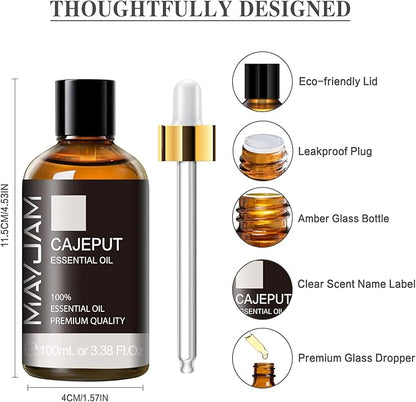MAYJAM Cajeput Essential Oil, 3.38FL.OZ Pure Essential Oils with Glass Dropper, Large Volume Cajeput Oil, Perfect for Massage, DIY Candle and Soap Making (100ML)