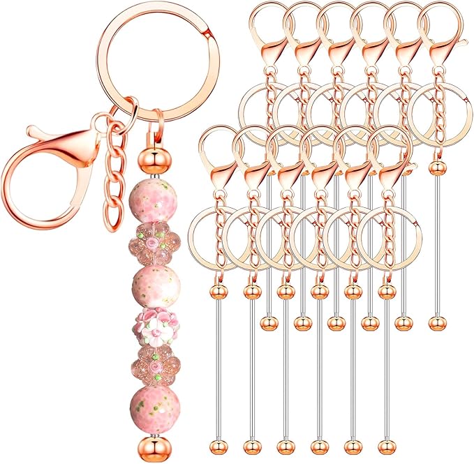 12 PCS Beadable Keychain Making Kit,Key Chain Keyrings for Jewelry Making,Car Bag Purse Charms Key Chains Bulk Metal Blank Bars,DIY Supplies Christmas Gifts for Women Men Crafts Custom Projects Rose