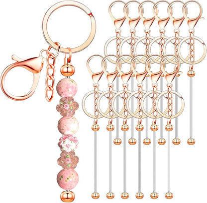 12 PCS Beadable Keychain Making Kit,Key Chain Keyrings for Jewelry Making,Car Bag Purse Charms Key Chains Bulk Metal Blank Bars,DIY Supplies Christmas Gifts for Women Men Crafts Custom Projects Rose