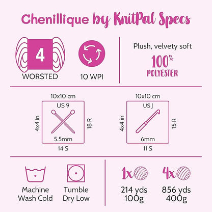 Chenillique Velvet Chenille Yarn for Crocheting, 4-Pack (856Yds / 400G), Free Patterns, Beginners Friendly - Soft Baby Yarn for Knitting Baby Blanket - #4 Medium Worsted Weight - Dreamy Sky