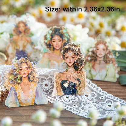 AuriicLeaf Spring Flower Girls PET Stickers Set, 60Pcs Fairy Character Stickers with Holographic Effect for Journaling, Scrapbooking, and DIY Crafts