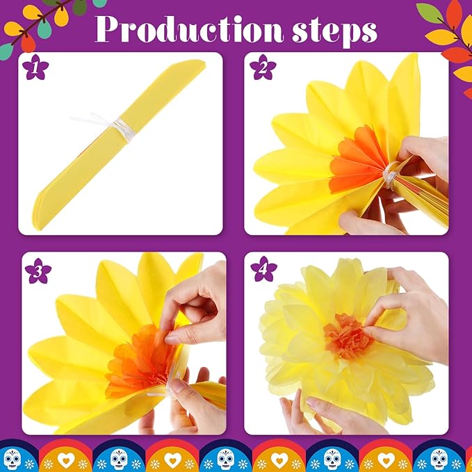Watersay 36 Pcs 10" 20" Giant Mexican Fiesta Paper Flowers Colorful Tissue Crepe Flowers Pom Poms Craft for Floral Party Backdrop Wedding Birthday Party (Classic Color)