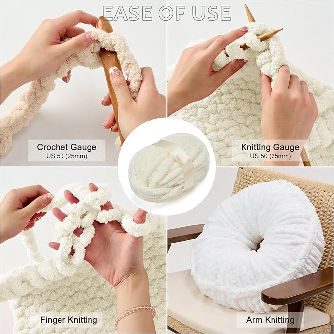 ERLYEEN Chenille Chunky Yarn Super Bulky Soft Thick Fluffy Jumbo Giant Washable Polyester Big Yarn DIY for Arm Knit Blanket Cushion Bed Sofa Home Decor,Milk White,0.55LB