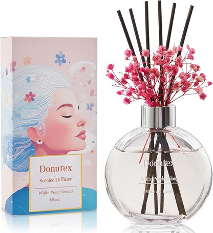 Donurex Flower Reed Diffuser Set 5.07oz White Peach & Oolong Scent Diffuser with Sticks Home Fragrance Reed Diffuser for Bathroom Shelf Decor