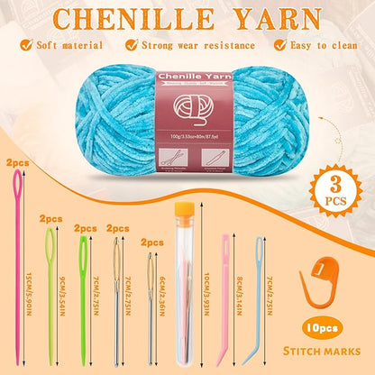 LUNARM Chenille Yarn for Crocheting Knitting, 3 Skein 263 Yard Thick Soft Chunky Fluffy Weaving Plush Yarn for Blankets Clothes Pattern Creations with Big Eye Needles (Blue)