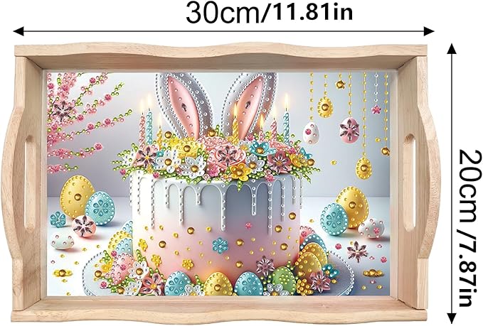 DIY Diamond Art Wooden Tray Kit, Food Tray with Handle Diamond Painted Table Decoration Tray, for Breakfast, Bar Dinner Table Diamond Dots Gem Painting Art Set for Beginners-#42-Easter Cake