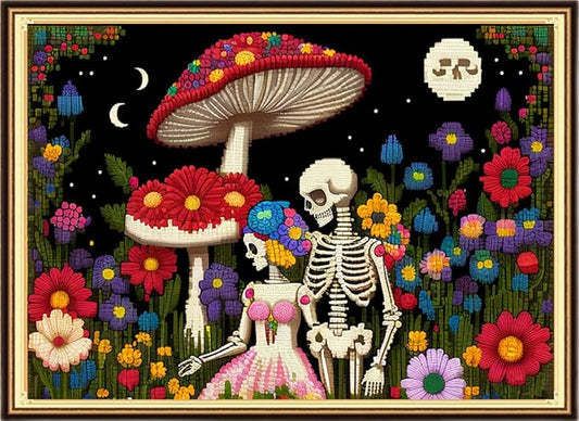 Findvoor Stamped Cross Stitch Kits for Beginners Full Range of Cross Stitching Embroidery Pattern for Adults, 11CT DIY Needlepoint Embroidery Starter Kits-Skeleton Couple 15.7x19.7 inch