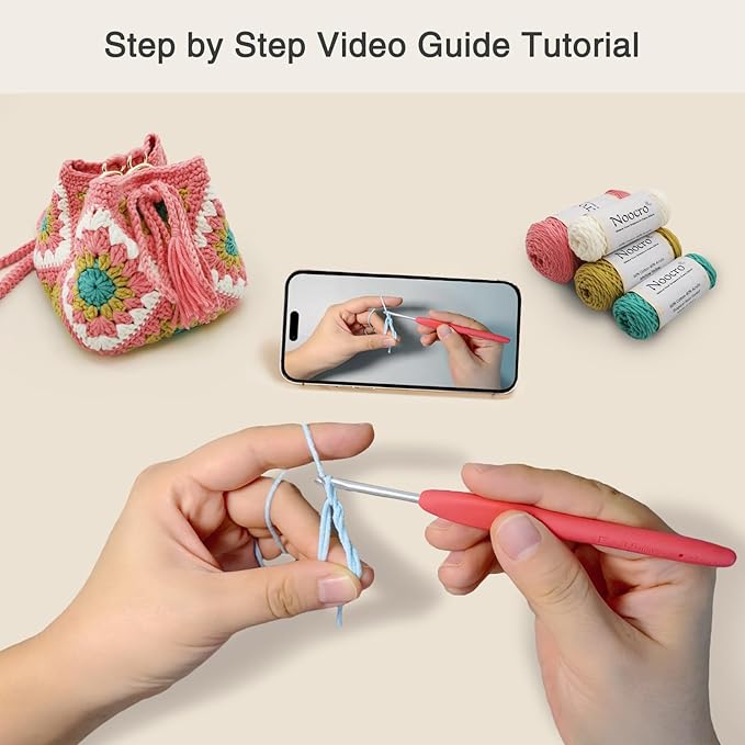Noocro Crochet Kit Granny Square Shumai Bag, Purse, Complete DIY Kit, Detailed Instructions, Video Tutorials, for Beginners or Intermediate and Advanced Crocheters (Peachy Pink)