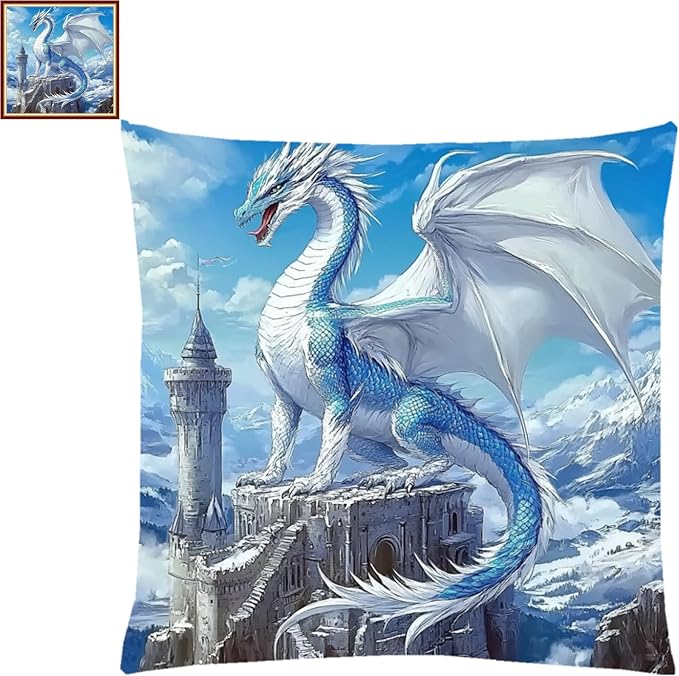 Lovxvouy Pillow Cross Stitch Kits for Adults Beginners-Preprinted Needlepoint Kit Stamped Crossstitching Kits 11CT Cross-Stitch Kit Stitches Kit Embroidery Kits-Snow Dragon Castle18x18 inchs