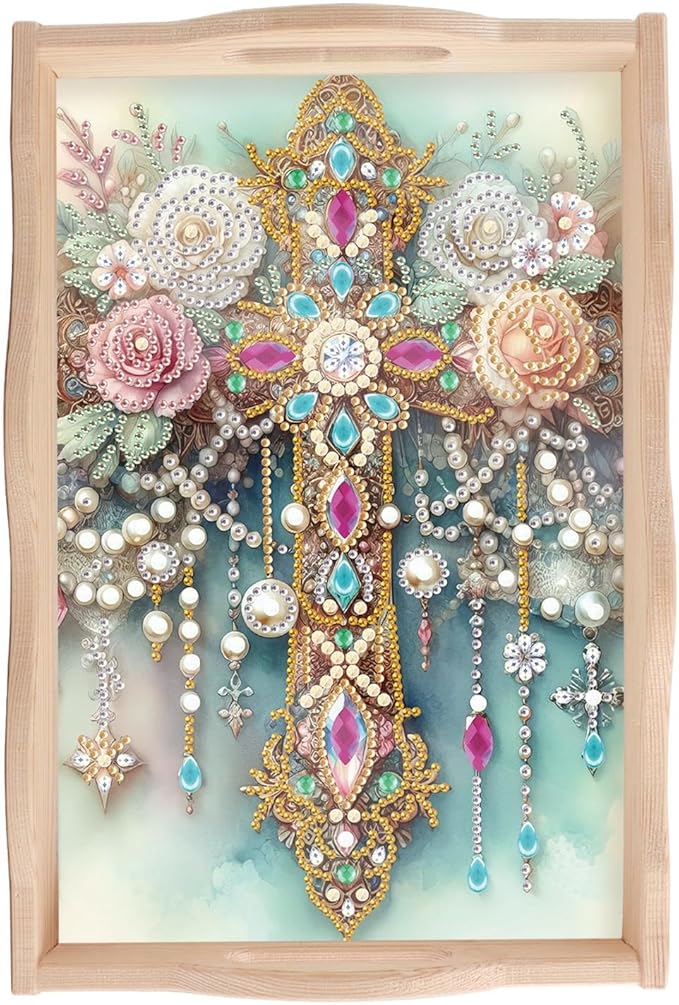JISHSHAY Diamond Art Serving Tray Diamond Painting Food Tray Gem Art Serving Platter Gem Painting Mosaic Kits for Adults DIY Kits for Adults, with Wood Handle 20×30cm/7.87×11.81in, Flower Cross