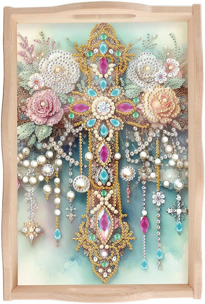 JISHSHAY Diamond Art Serving Tray Diamond Painting Food Tray Gem Art Serving Platter Gem Painting Mosaic Kits for Adults DIY Kits for Adults, with Wood Handle 20×30cm/7.87×11.81in, Flower Cross