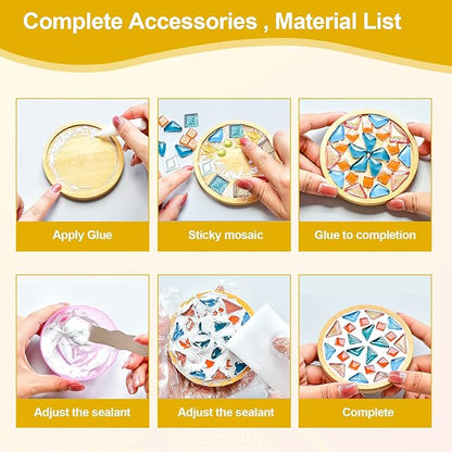 WATHFKCU 4 Sets DIY Glass Mosaic Tiles for Crafts,Mixed Color Mosaic Kits with Wooden Coaster for Adults,Mosaic Crafts Materials Package for Coaster Handmade Home Decor Gifts