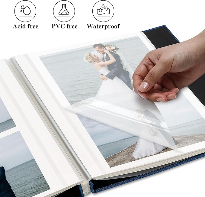 Remowith Self Adhesive Photo Album, Navy Blue Scrapbook Album with DIY 60 Blank Pages, Wedding Photo Album with A Metallic Pen for 4x6 5x7 2x3 Pictures, 10.6"x11"