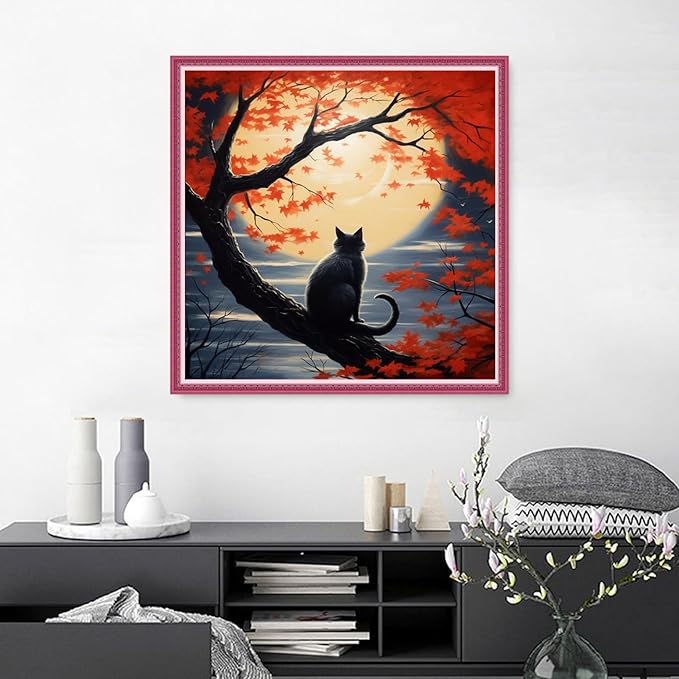 Joyhoor Cross Stitch Kits for Beginners Stamped Cross-Stitch Supplies Needlework preprint Embroidery Kits for Adults DIY Needlepoint Kits Embroidery Patterns 11CT-Cat Watching The Moon 18.x18 inch