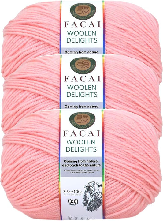 Facai Blend Merino Wool Yarn for Knitting - Worsted Weight,197yds (3.5oz) Ball, Ideal for Sweaters, Scarves, and Accessories (3, Pink)