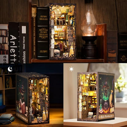 Fsolis Book Nook Kit, DIY Miniature Dollhouse Kit, 3D Wooden Puzzle for Adults, 282 Pieces, Bookshelf Decor Tiny House Mini Booknook Craft, Gifts for Women Teens and Puzzle Lovers (Magic Pharmacist)