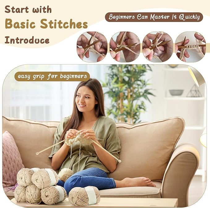 Maasechs Knitting Kit for Beginners, Learn to Knit Kit for Adults, Complete Hat, Scarf, Gloves Starter Bundle with Step-by-Step Instructions Includes Wool Yarn, Needles & Accessories(Light Khaki)