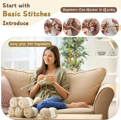 Maasechs Knitting Kit for Beginners, Learn to Knit Kit for Adults, Complete Hat, Scarf, Gloves Starter Bundle with Step-by-Step Instructions Includes Wool Yarn, Needles & Accessories(Light Khaki)