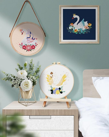 TINDTOP 3 Pack Embroidery Kit for Adult Beginners, Embroidery DIY Starter Kit, with Swan Stamped Patterns, Hoop, Tools, Colorful Threads with Needles, Instructions